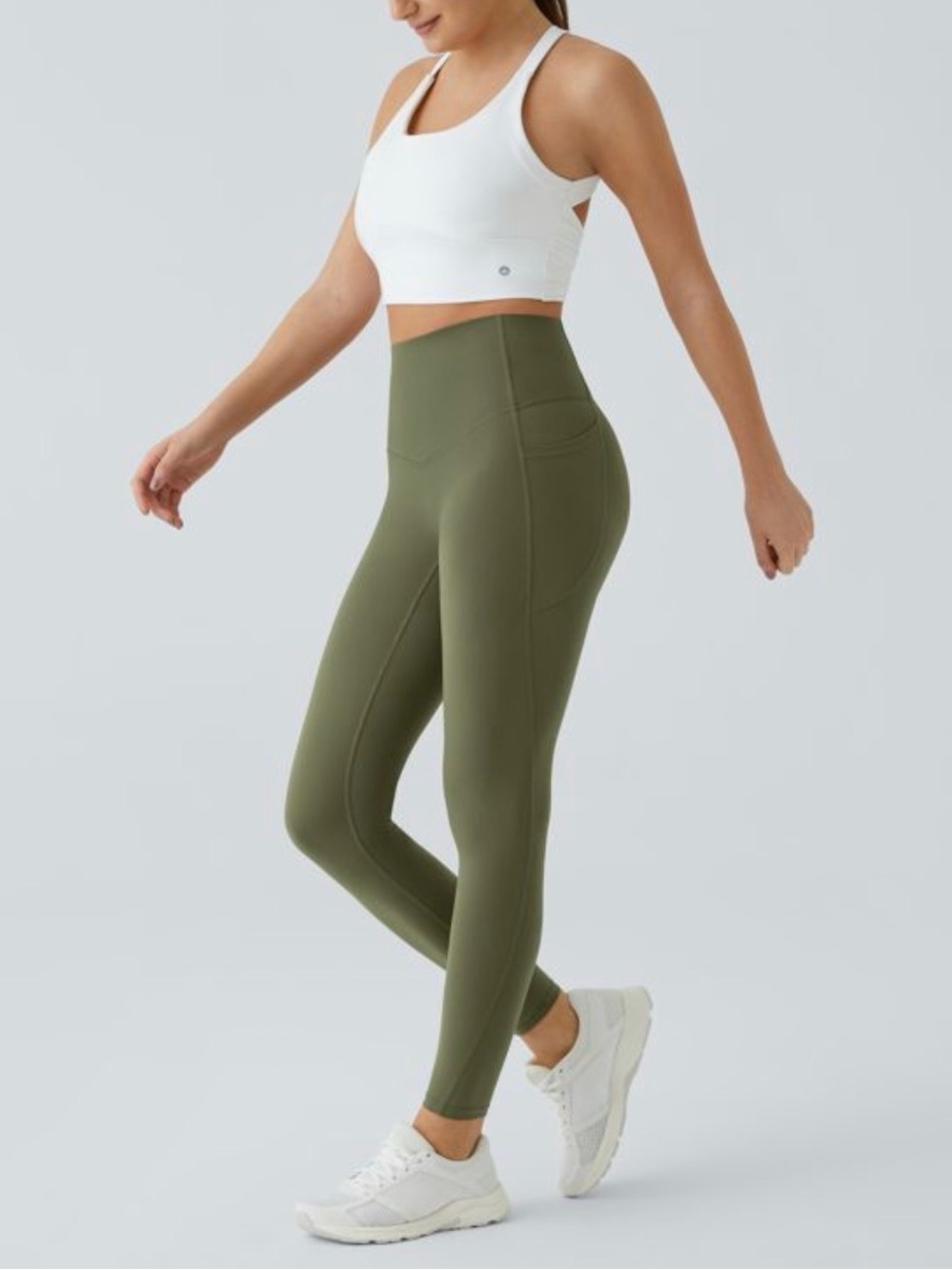 HALARA High-Waist Olive Green Leggings and Matching Shirt with Built in Bra - Picture 4 of 14